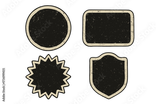 Vintage retro grunge badge and label set. Hand-drawn textured stickers frames and banners collection. Rustic emblems in circle, shield, starburst and rectangle shapes.