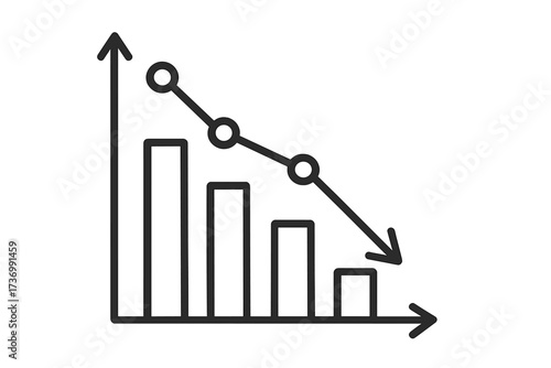 Concept of business failure. Decrease chart with a down arrow. Metaphor for financial crisis, market crash, loss, and recession. Regression and degradation analytics icon.
