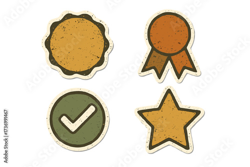 Set of vintage grunge stickers. Retro labels with texture. Quality guarantee badge, award medal, approved check mark and star icon. Vector cartoon illustration isolated.
