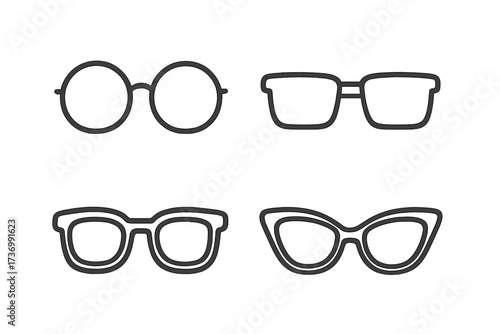 Sunglasses and glasses icon set. Various frame shapes like round, cat-eye, and retro. Eyewear fashion accessory concept. Simple line art vector illustration collection.