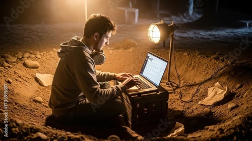 Young man working on laptop in dimly lit excavation site with spotlight.