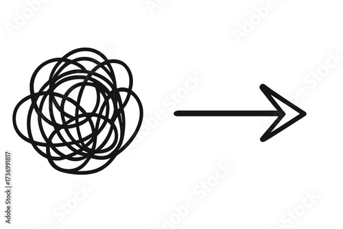 Chaos to order. From complex to simple. Problem and solution concept. Messy complicated path to clarity and simplicity. Unraveling tangled line. Business process, coaching.