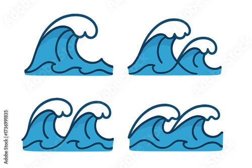 Cartoon wave icon set. Vector illustration of blue ocean water, sea surf, and aqua swirl. Flat style nature graphic element for marine, beach, or summer travel design concepts.