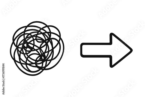 Chaos to order concept. From complex to simple. Problem and solution. Messy tangled scribble becomes a straight arrow. Business strategy, process simplification and clarity.