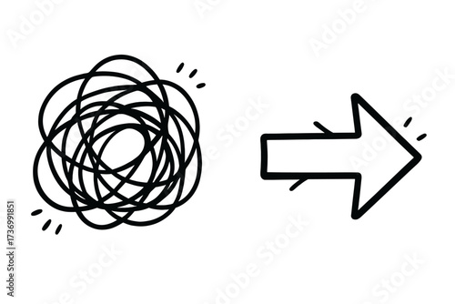 From chaos to order. Problem solving concept. Untangling a tangled line. Simplify complexity, confusion to clarity. Business process, coaching, mentoring vector illustration.