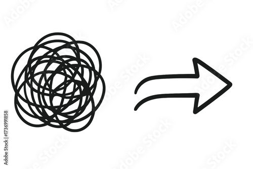 From chaos to order. Tangled scribble becomes straight arrow. Metaphor for problem solving, simplification, clarity, business strategy, organization, and finding a solution.