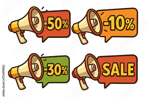 Megaphone sale banner set. Loudspeaker discount announcement. Promotion marketing advertising concept. Special offer 10, 30, 50 percent off sticker. Vector cartoon icon.