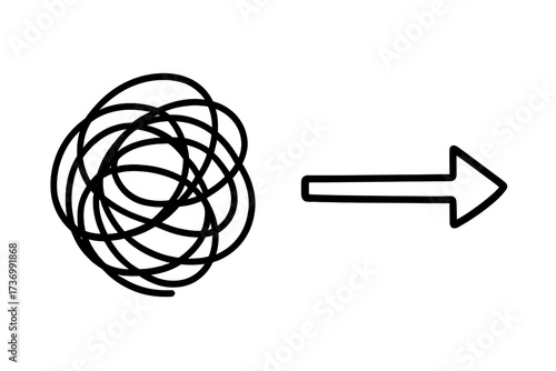Chaos to order, messy to organized concept. Problem and solution. Tangled scribble to straight arrow. Complicated to simple path. Confusion, clarity. Mind, thinking, therapy process.