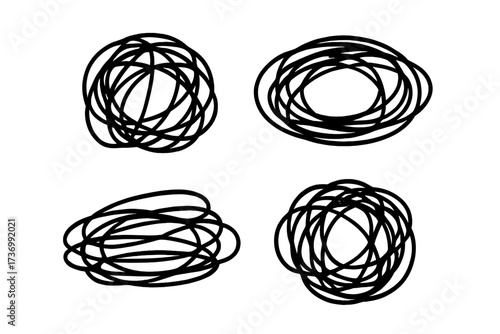 Tangled chaos scribble vector set. Hand drawn messy line art illustration. Concept for confusion, disorder, anxiety, and solving complex problems. Abstract doodle icons.