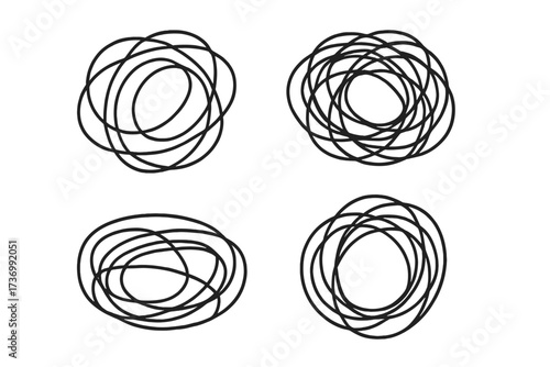 Set of tangled scribble lines. Metaphor for chaos, confusion, anxiety. Mental health disorder concept. Complex problem solving, brainstorming process. Messy abstract scrawl.