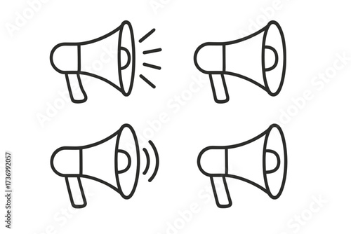 Megaphone line icon set. Bullhorn vector graphic for announcement, alert, and promotion. Loudspeaker symbol for communication, marketing, advertising, and propaganda.