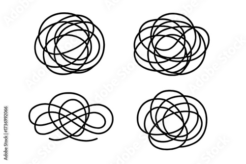 Tangled chaos and untangled order scribble line set. Metaphor for mental health, confusion, anxiety. Concept of psychology, therapy, messy process, problem solving, brainstorming.