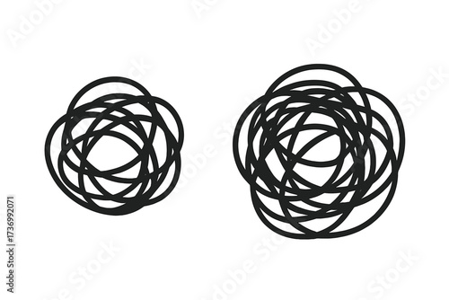 Chaotic and simple tangled scribble line icon. Concept of confusion, order, chaos, and problem solving. Mental health metaphor. Messy and clear mind process illustration.