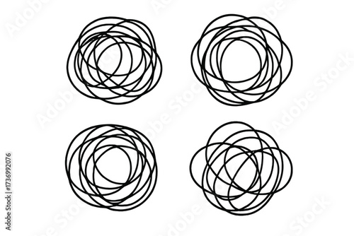 Tangled line scribble set. Abstract chaos, confusion, and mess. Vector for mental health, anxiety, depression, or stress. Psychology, problem solving, brainstorming icon.