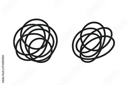 Chaos and confusion metaphor. Tangled scribble lines set. Messy, complex, and difficult process concept. Unraveling problem. Psychology, anxiety, depression abstract icon.