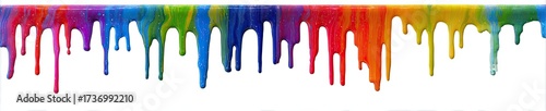 A vibrant, horizontal image of dripping rainbow paint against a clean white backdrop