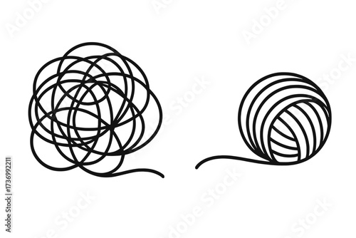 Chaos and order concept. Tangled and untangled thread as a metaphor for problem solving, anxiety, stress, and therapy. From messy to clear path. Psychology, mental health symbol.