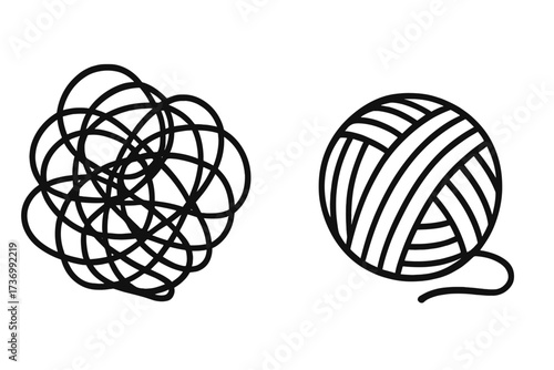 Chaos and order metaphor. Tangled and untangled thread. Messy vs neat. Problem and solution. Psychology concept for anxiety, stress, depression, therapy. Brain process.