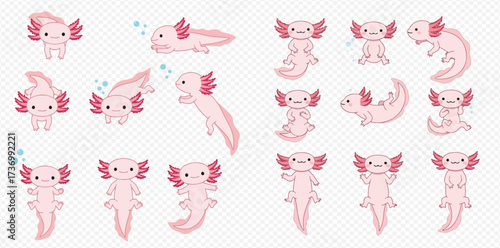 A collection of cute pink cartoon axolotls in various poses, featuring their distinctive feathery gills and smiling faces, on a transparent background.