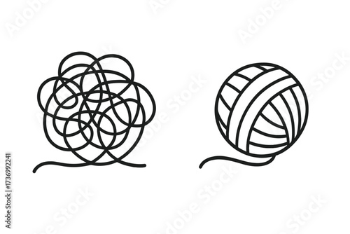 Chaos and order metaphor for problem solving. Tangled and untangled thread. From mess to clarity. Psychology, stress, anxiety concept. Business strategy and solution process.