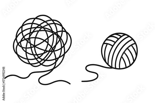 Tangled and untangled thread. Chaos and order concept. Metaphor for problem solving, anxiety, and stress. Psychology, therapy. From mess to clarity. Unraveling thoughts.