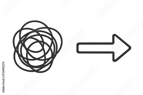 Concept of problem solving. From chaos to order. Confusion to clarity. Unraveling tangled knot. Complicated way to simple solution. Business process improvement. Coaching icon.