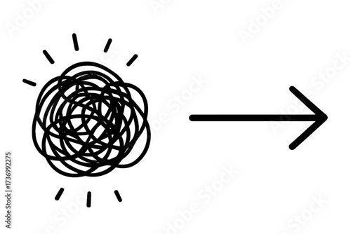 Chaos to order. From complicated to simple. Problem and solution. Confusion clarity. Business strategy process. Tangled scribble. Mental health concept. Untangling mess.