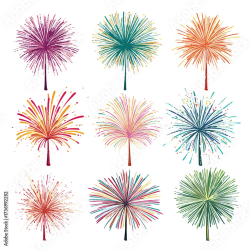 Vibrant silhouette firework explosion bursting in celebration isolated on white background