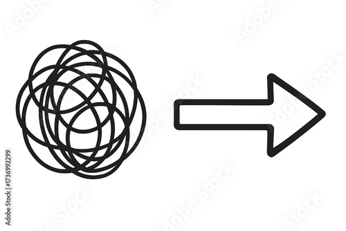 Chaos and order. From complex to simple. Problem and solution. Unraveling tangled knot. Messy mind to clarity concept. Psychology. Coaching. Business strategy metaphor.