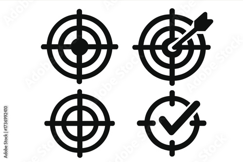 Target icon set. Bullseye with arrow, check mark. Goal, success, accuracy, aim, mission, objective, strategy concepts. Simple flat vector illustration for business marketing.