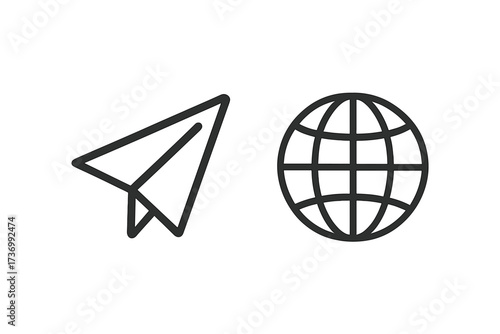 Paper plane and globe line icon. Vector illustration for global travel, communication, and business. Concept for sending messages, worldwide web, internet connection, flight, tourism.