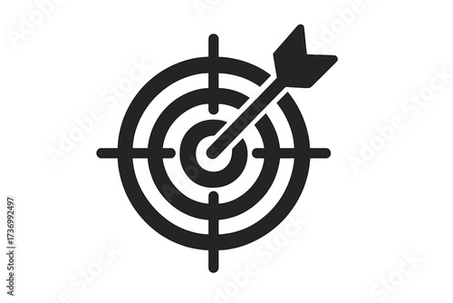 Target icon with arrow in the bullseye center. Business goal, success, mission, and achievement concept. Marketing strategy, solution, and objective symbol. Accuracy and focus.