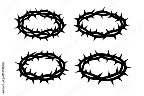 Crown of thorns silhouette vector icon set. Jesus Christ religious symbol for Easter, Lent, crucifixion. Christian faith, suffering, and sacrifice concept graphic illustration.