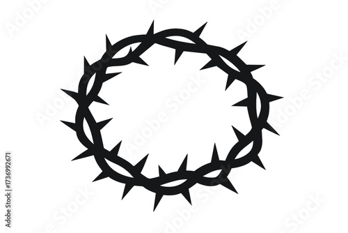 Thorn crown silhouette icon. Jesus Christ religious symbol. Christianity, crucifixion, sacrifice, suffering, passion, Easter. Holy week. God. Bible story. Martyrdom vector.