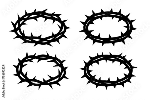 Crown of thorns silhouette vector icon set. Christian symbol of Jesus Christ's crucifixion, passion, and sacrifice. Religious illustration for Easter and Good Friday design.