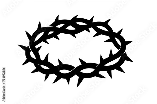 Crown of thorns silhouette. Christian symbol of the crucifixion of Jesus Christ. Religious icon for Easter. Vector illustration of suffering, sacrifice, and salvation. Black thorny wreath.