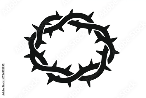 Thorn crown symbol. Vector silhouette of Jesus Christ's passion. Christian religious icon of suffering, crucifixion, and sacrifice. Easter holy week graphic element. Faith.