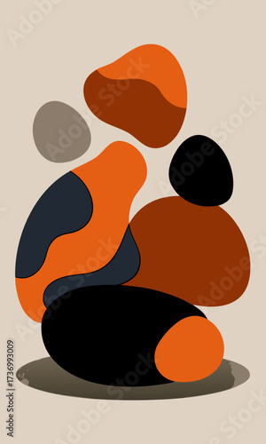 Sculptural, matte-finish organic shapes in volcanic charcoal and rust, overlapping with soft shadows. Ideal for artisanal branding, modern pottery, and luxury product design.