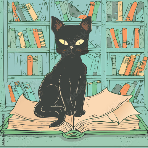 woodcut black cat on spellbook dusty library carved texture print-ready vector