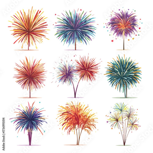 Dynamic collection of vibrant fireworks exploding in the night sky isolated on white background silhouette