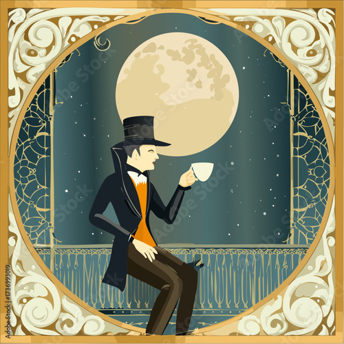 art nouveau vampire gentleman moonlit balcony filigree poster-ready vector design