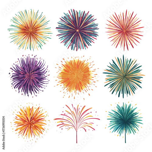 Vibrant abstract silhouette of exploding fireworks in various colors isolated on white background