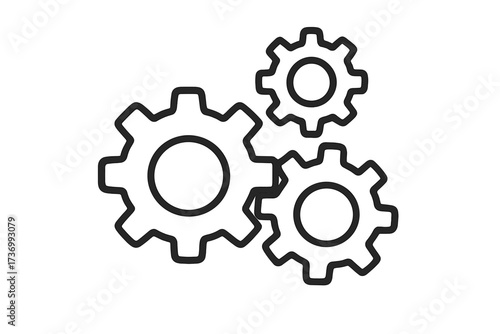Mechanical gears teamwork concept. Three interconnected cogs in motion. Industrial machinery engineering symbol. Linear outline vector icon on white background. Machine parts collaboration system.