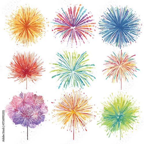 Vibrant silhouette set of diverse fireworks exploding in the night sky isolated on white background