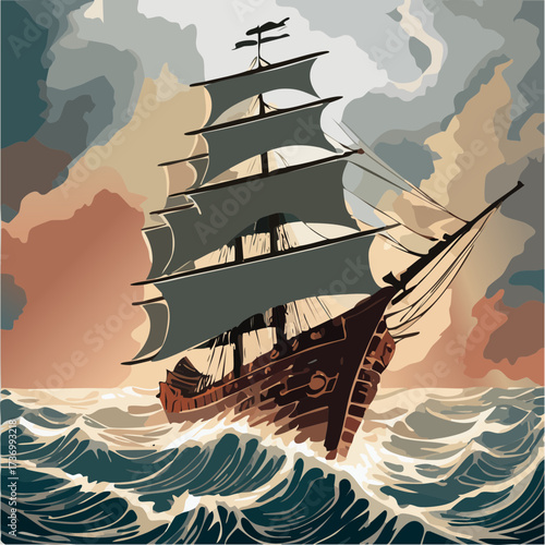 low-poly ghost ship in blood-red fog cinematic banner vector for book covers and posters