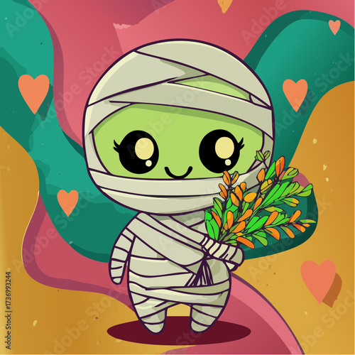 kawaii mummy holding autumn bouquet sticker-and-tag vector set for kids’ gifts