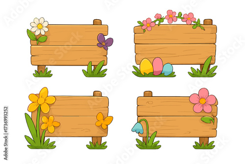 Set of wooden signboards with spring and Easter decor. Vector cartoon illustration of blank wood banners with copy space. Rustic signs with flowers, butterfly, Easter eggs.