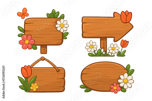 Wooden signboard set with spring flowers. Cartoon vector illustration of rustic empty wood banners, arrow signs, and frames decorated with daisies, tulips and a butterfly.