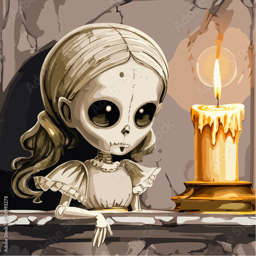 chiaroscuro porcelain doll mantel candlelight vector for moody art prints and decor