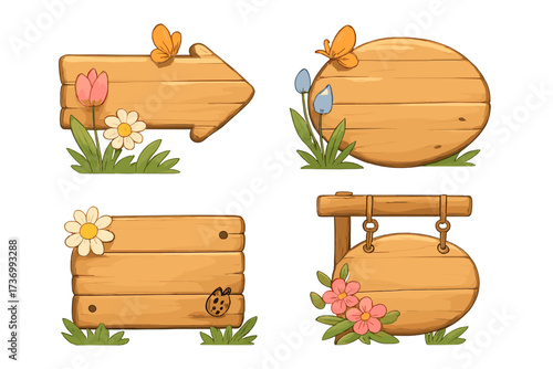 Cartoon wooden signboards set. Blank rustic wood signs, banners, and pointers with spring flowers and butterflies. Vector illustration for eco, nature, and garden themes. Template.